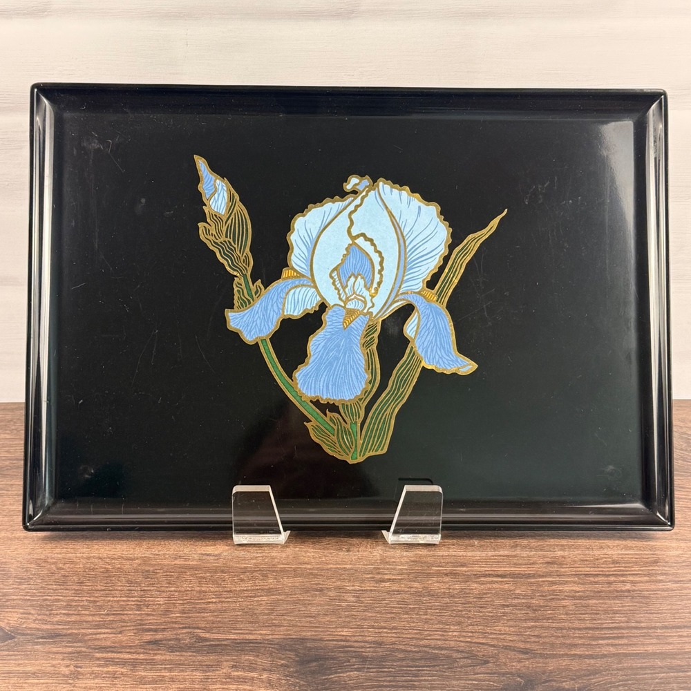 Couroc of Monterey Black Serving Tray Blue Iris Mid Century Modern 18x12.5